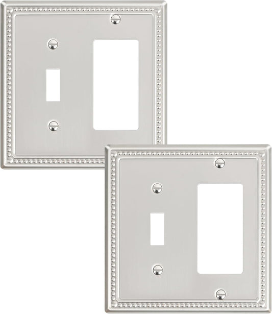 2-Pack Combo Toggle/Decorator Light Switch Cover Plate, Pearls Decorative Metal Wall Switch Plates and Outlet Covers, Brushed Nickel