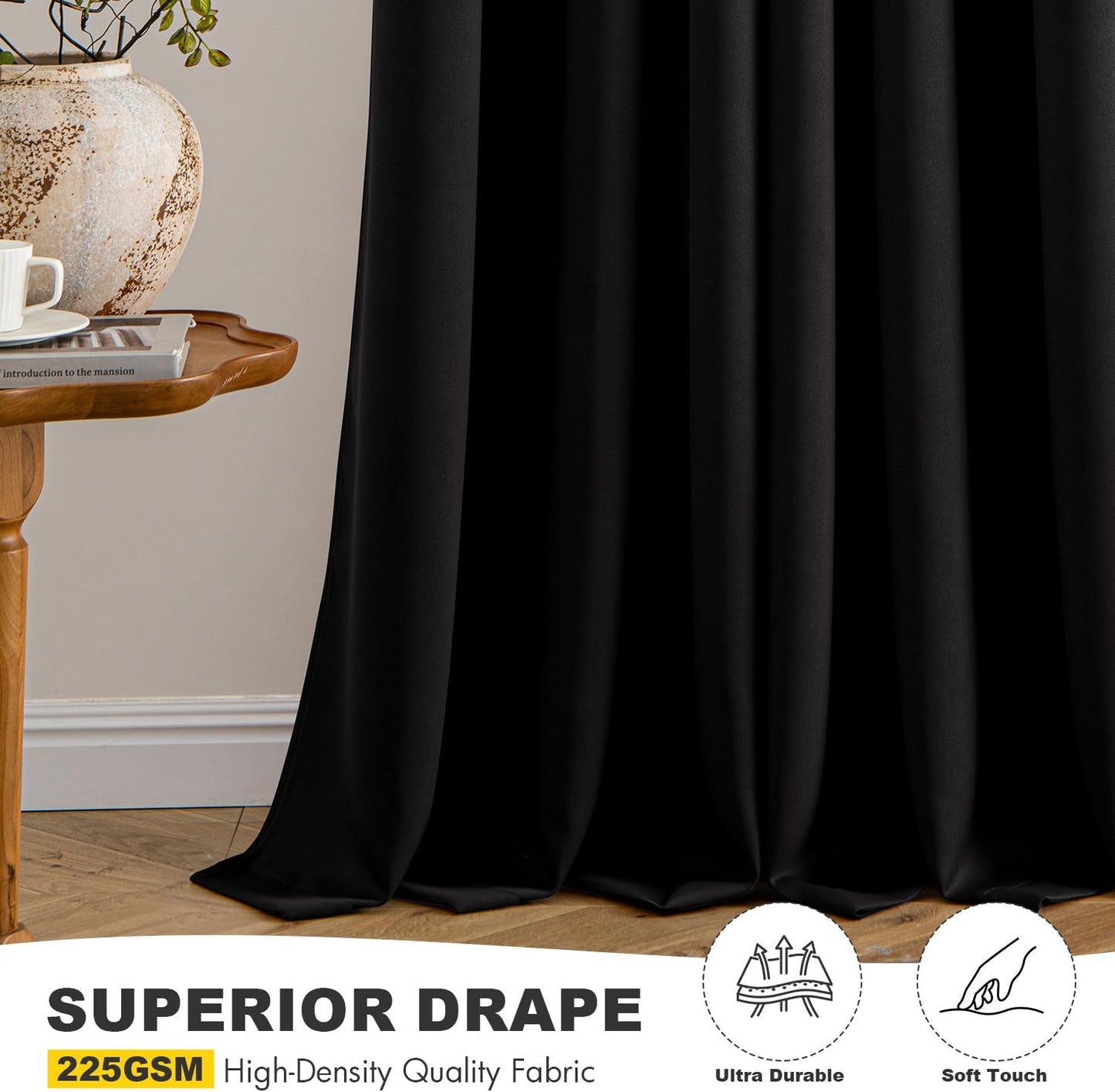 MIULEE Black Blackout Curtains for Bedroom Living Room 63 Inches Long 2 Panels, Thermal Insulated Room Darkening Drapes Solid Grommet Top Noise Reduction Light Blocking Halloween Window Treatments