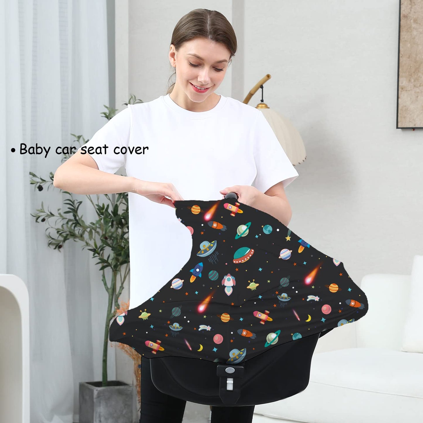 Carseat Covers Unisex - Black Creative Spacecraft Pattern Car Seat Canopy Cover for Babies, Multi-use Breastfeeding Cover, Baby Shower Gifts for Boy and Girls
