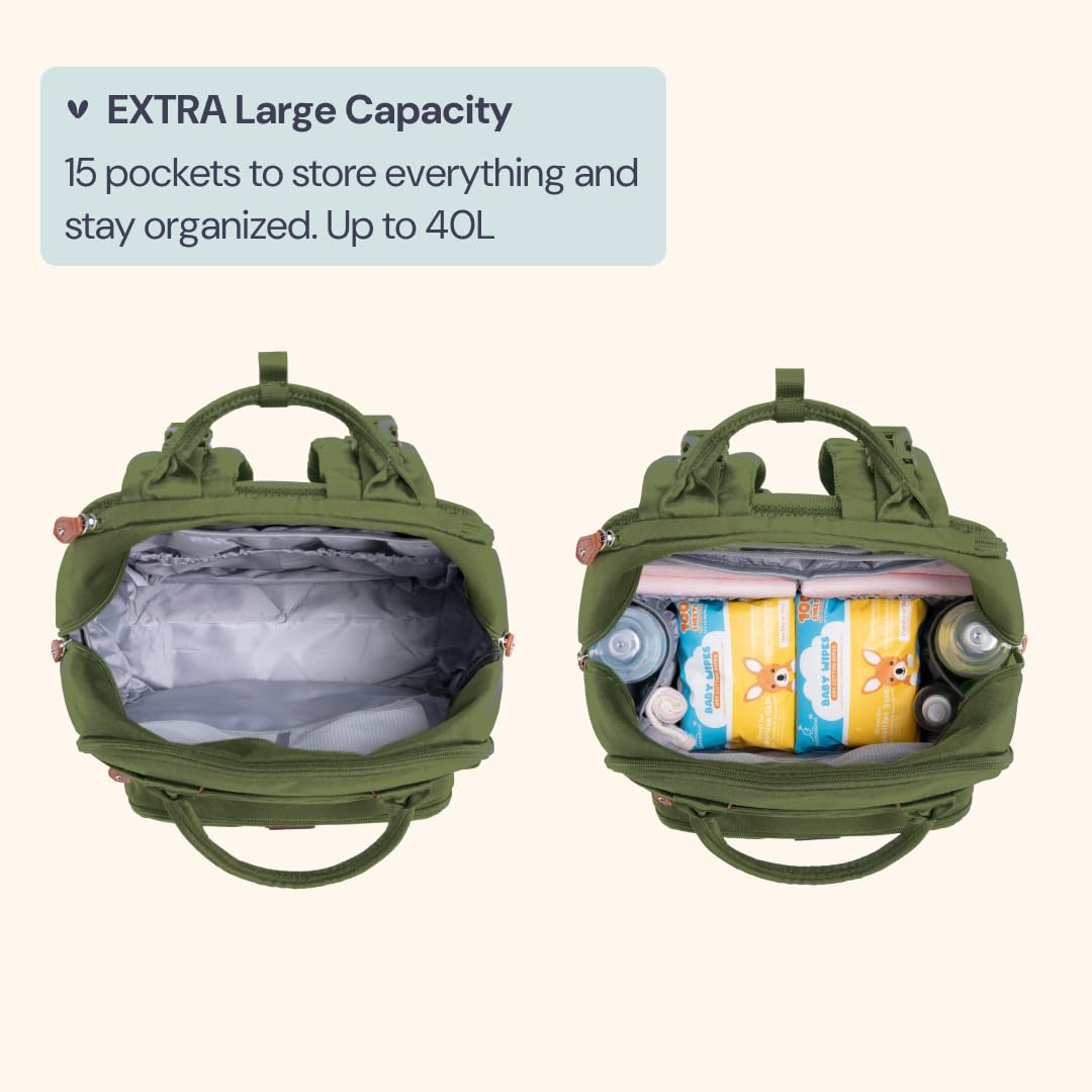 BabbleRoo Extra Large Diaper Bag Backpack, Expandable Baby Bag with Up to 50% More Capacity - Travel Essentials Baby Bag Tote with Changing Pad, Stroller Straps & Pacifier Case - Unisex, Forest Green