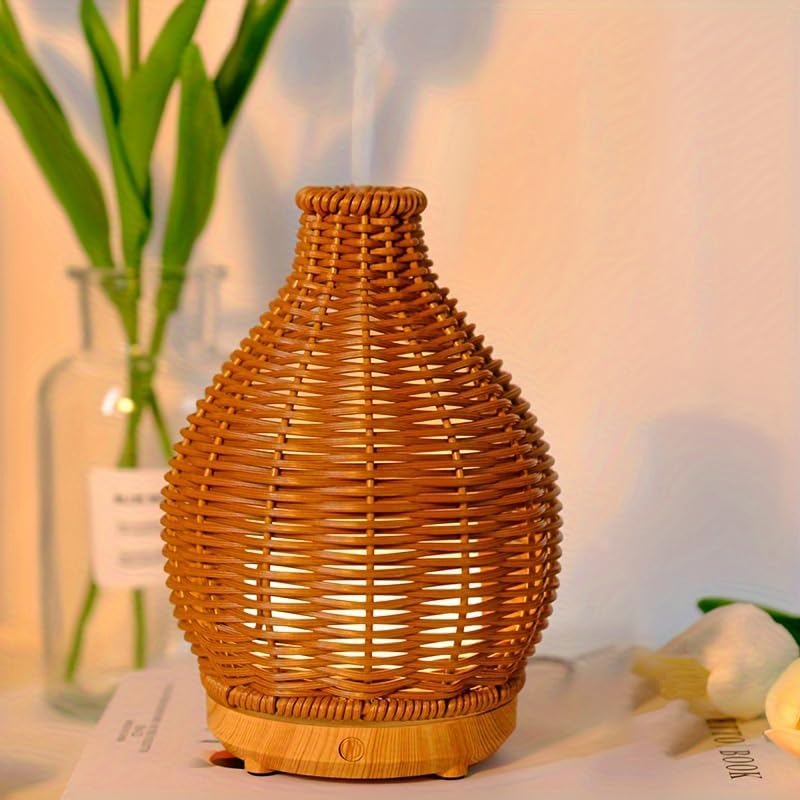 Aromatherapy Essential Oil Diffuser Rattan Woven Aroma Diffuser with Warm Light 80ML Cool Mist Humidifier Waterless Auto Shut-off for Home,Baby Bedroom,Office