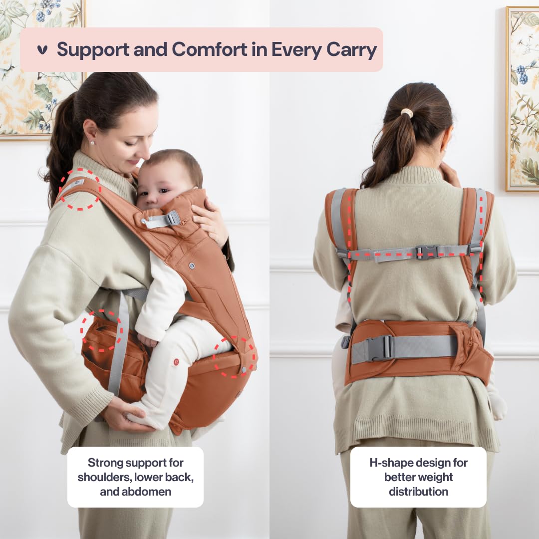 BabbleRoo Grow Carrier – Safety-Certified 6-in-1 Baby Carrier with Hip Seat, Ergonomic & Adjustable Toddler Carrier 7-50 lbs with Hip Support, Hood for Sun Protection, Newborn to Toddler,Kangaroo Rose