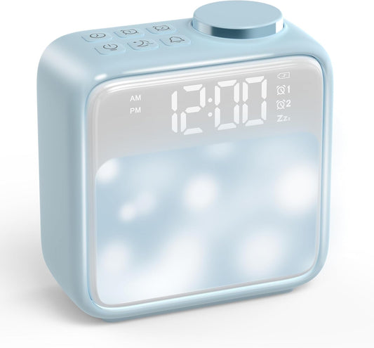 AIRIVO Alarm Clock Night Lights, Rechargeable Alarm Clock for Bedrooms, 6 Scenes & White Noise Sync, Dual Alarms & Snooze, for Heavy Sleepers, Gifts for Kids Teens (Blue)