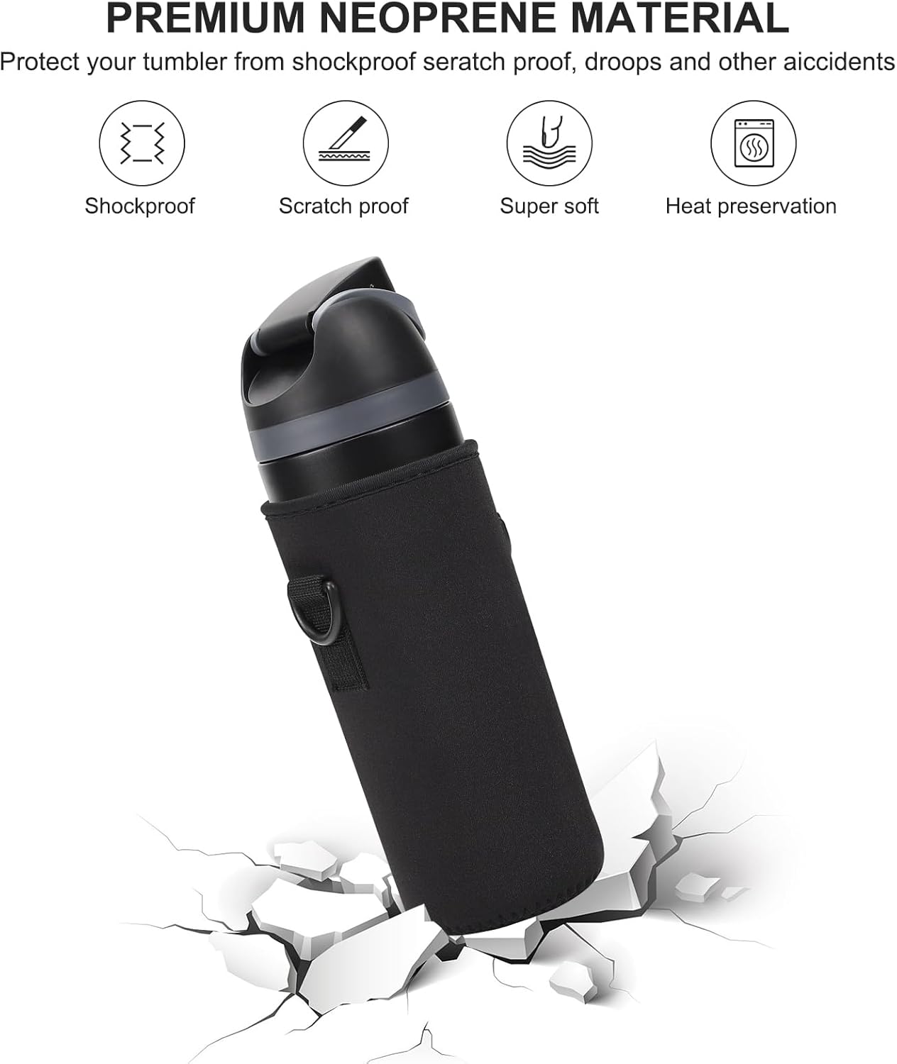 Neoprene Water Bottle Carrier Bag with Adjustable Shoulder Strap for Owala 24 OZ Tumbler, Insulated Water Bottle Cover for Owala FreeSip Insulated Water Bottle (Black, 24 OZ)