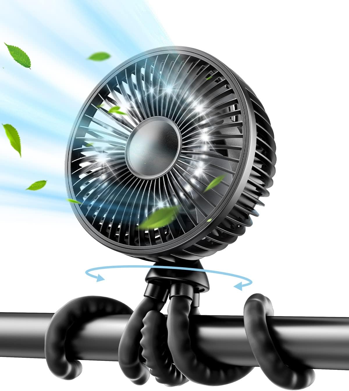 Gaiatop Baby Stroller Fan, 4000mAh Oscillating Mini Portable Fan with Light, 4 Speeds Battery Operated Small Handheld Desk Fan, 360° Rotate Flexible Tripod Clip On Fan for Car Seat Crib Travel Black