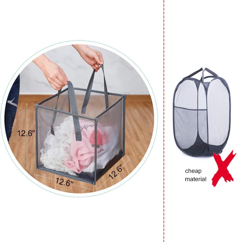 HONOMA Mesh Popup Laundry bags Hamper with Handles,Portable Durable Collapsible Storage Easy Folding Pop-Up Clothes Hampers Basket Foldable for Kids Room College Dorm or Travel (Grey,Single-Layer)