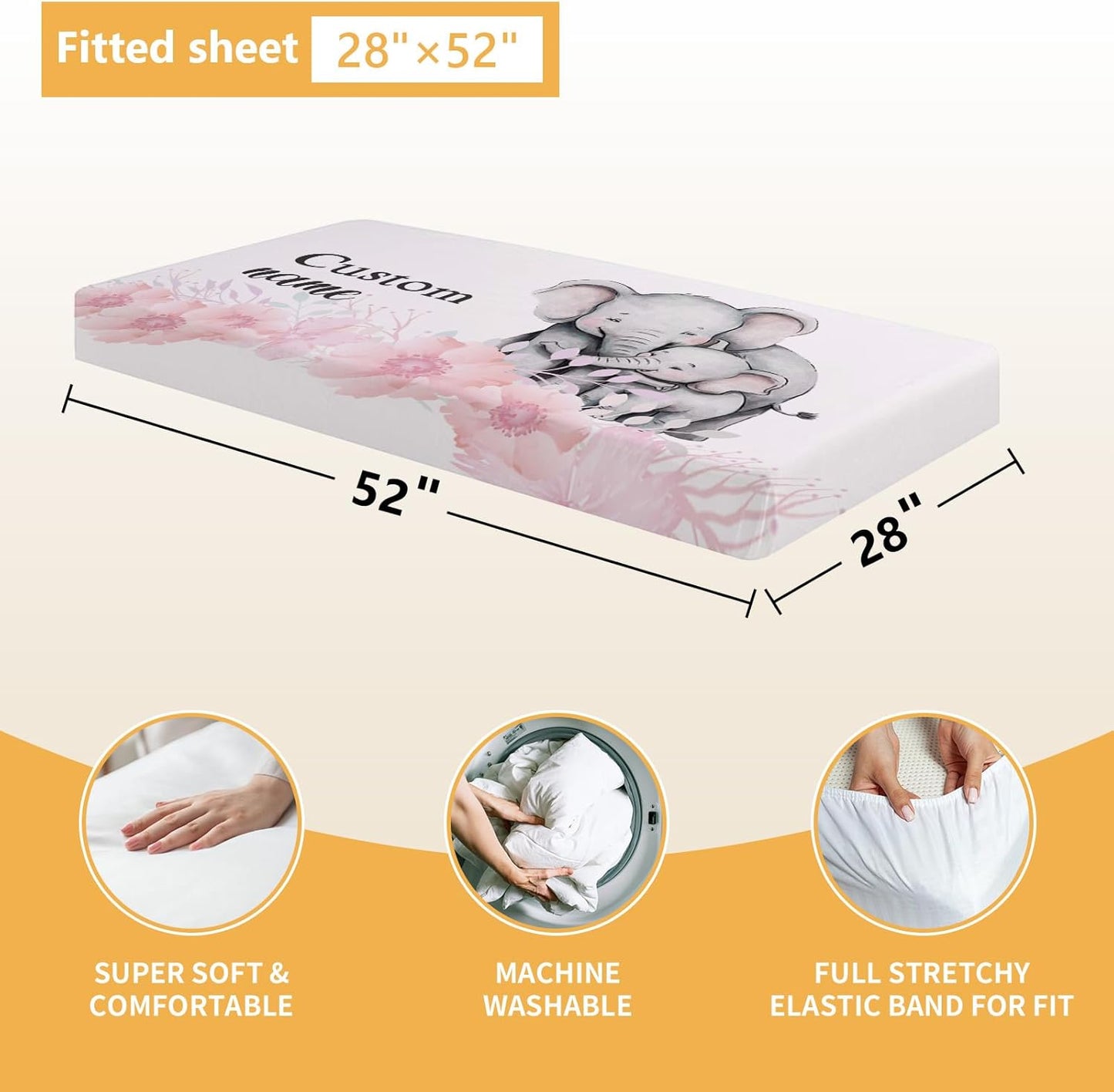 Personalized Baby Bedding Set, 5 Pcs Custom Baby Crib Sets with Name, Toddler Bedding Set for Baby Girls, Pink Elephants Double Layer Nursery Bedding Set, Customized Gifts for Infants Kids