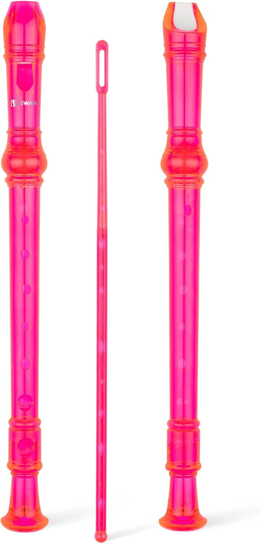 SWAN Soprano Recorder Instrument for Beginners Kids Student in School - Baroque Style 8 Hole Flute Detachable 3pcs ABS Descant Recorders with Cleaning Rod and Fingering Chart, Transparent Bobby Pink