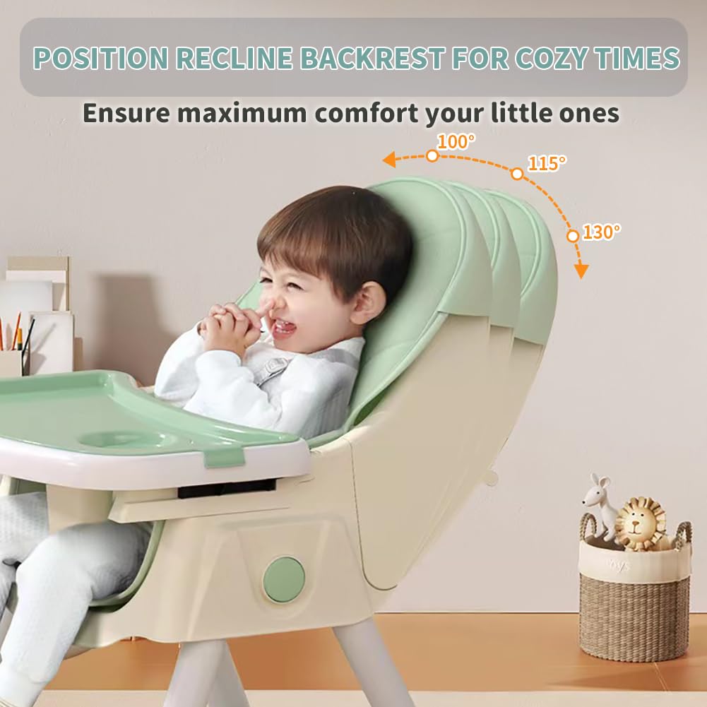High Chairs for Babies and Toddlers, 4 in 1 Convertible Baby High Chair, Portable High Chair for Travel with Adjustable Height and Back, Foldable HighChair with Wheels& Pu Cushion (Green)