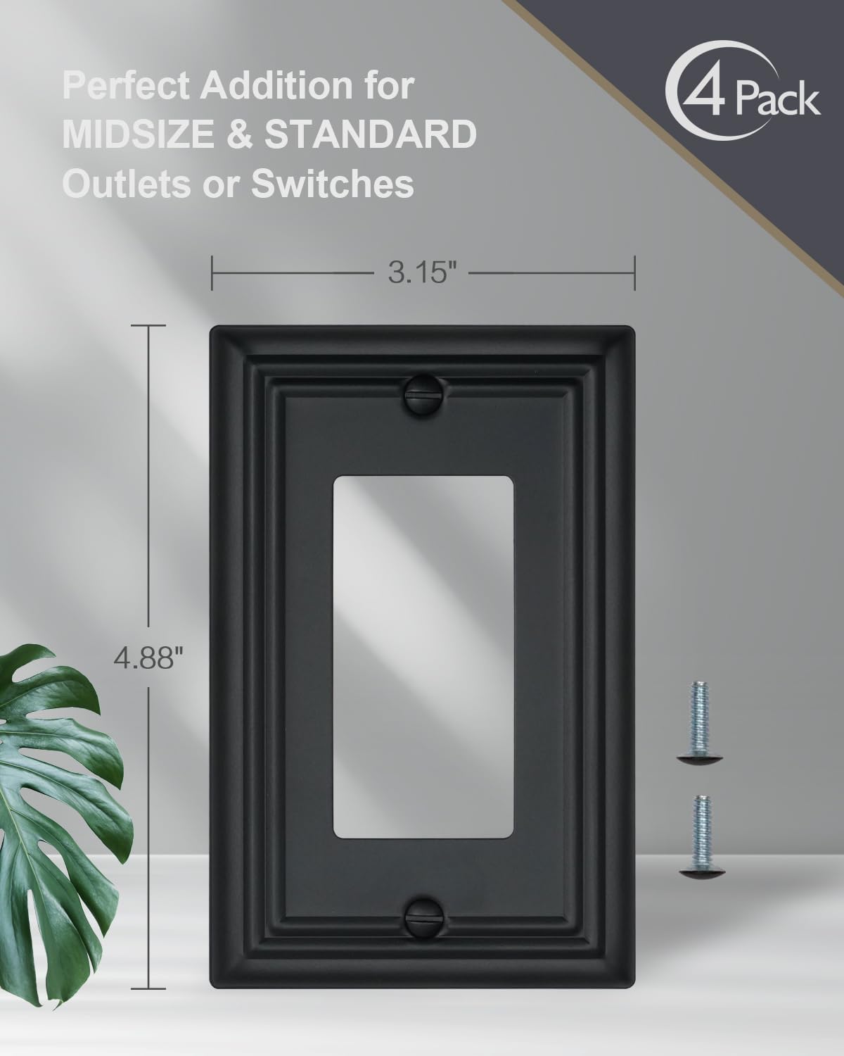 4-Pack Decorator Outlet Covers, Decorative Black Wall Plates, Metal Outlet Cover Plates for Receptacle, GFCI, Dimmer Switch, 3.15''*4.88'', Midsize