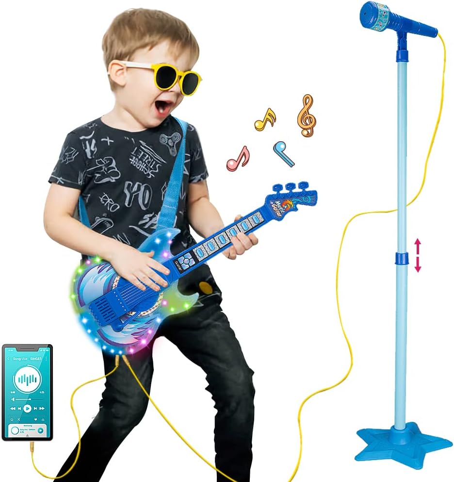 TAKIHON Guitar and Microphone Set for Kids,Guitar Toys with Music&Colorful Light,Adjustable Height Microphone with Stand,Karaoke Toys Gift for Boy,Girls,Toddlers(Blue)-Upgraded