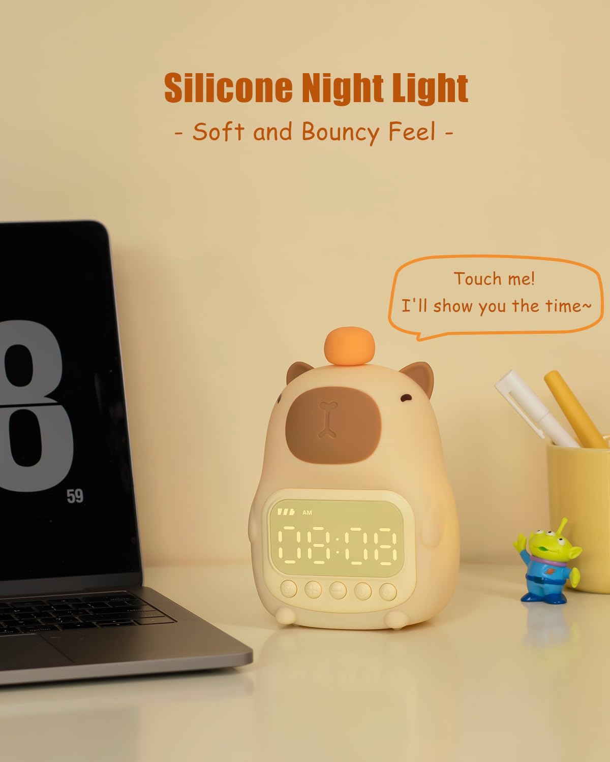 Capybara Alarm Clock with Night Light for Kids, Cute Toddler Alarm Clocks for Bedrooms Ok to Wake Clocks for Girls and Boys, Rechargeable Silicone Animal Tabletop Lamp for Kid