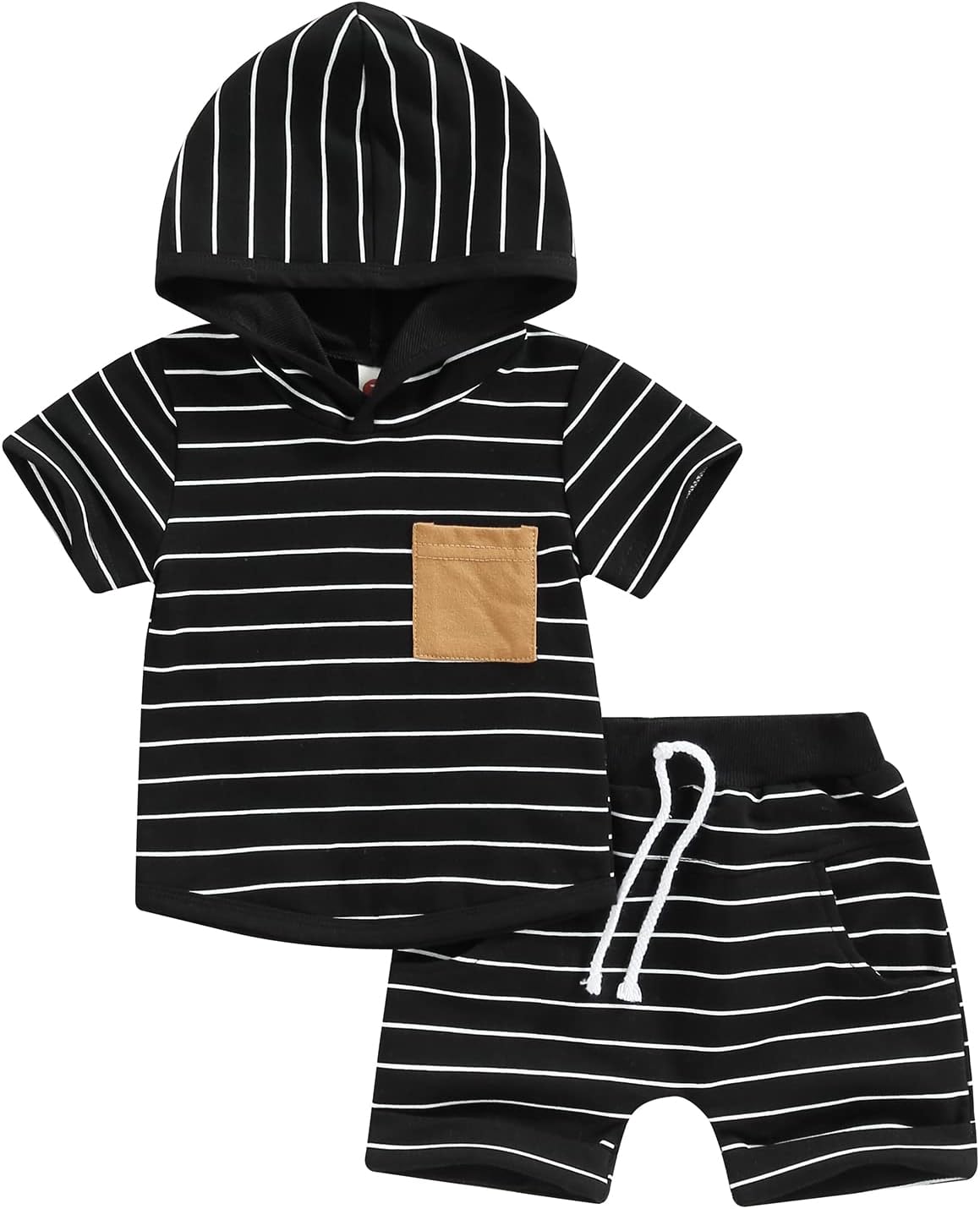 Toddler Baby Boy Summer Hooded Outfit Contrast Color Short Sleeve T Shirt Top Elastic Shorts Summer Clothes Set