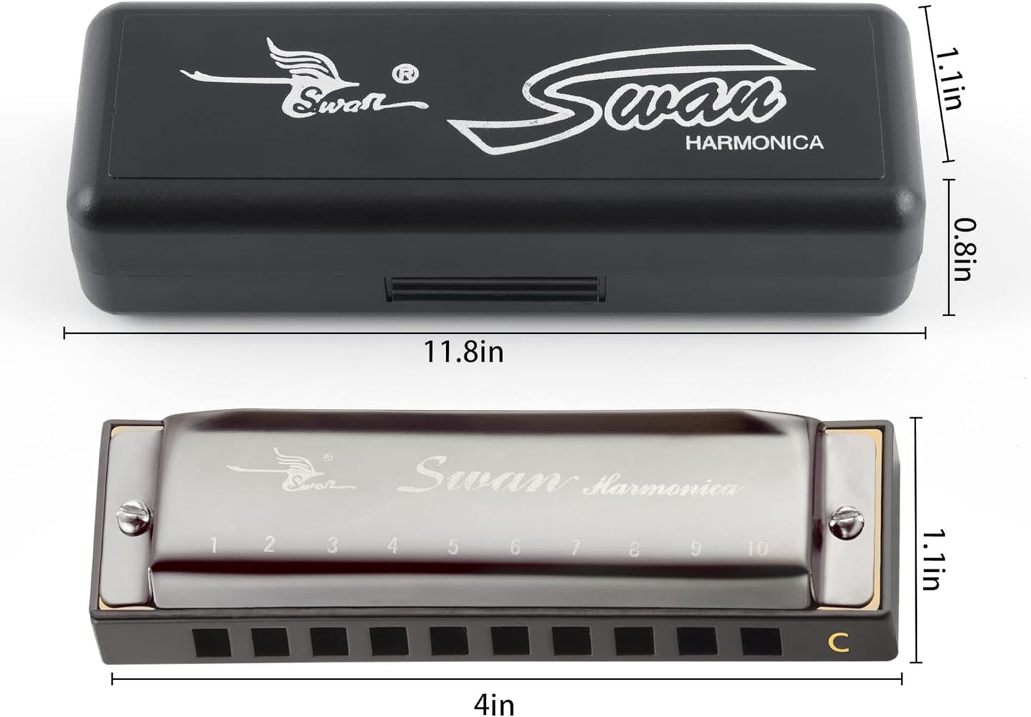 SWAN Blues Harmonica C Key for Kids& Adults, 10 Hole 20 Tone Diatonic Harmonica Key of C Blues Harp for Beginners& Students, Mouth Organ in Stainless Steel Gunmetal Black, SW1020-7C