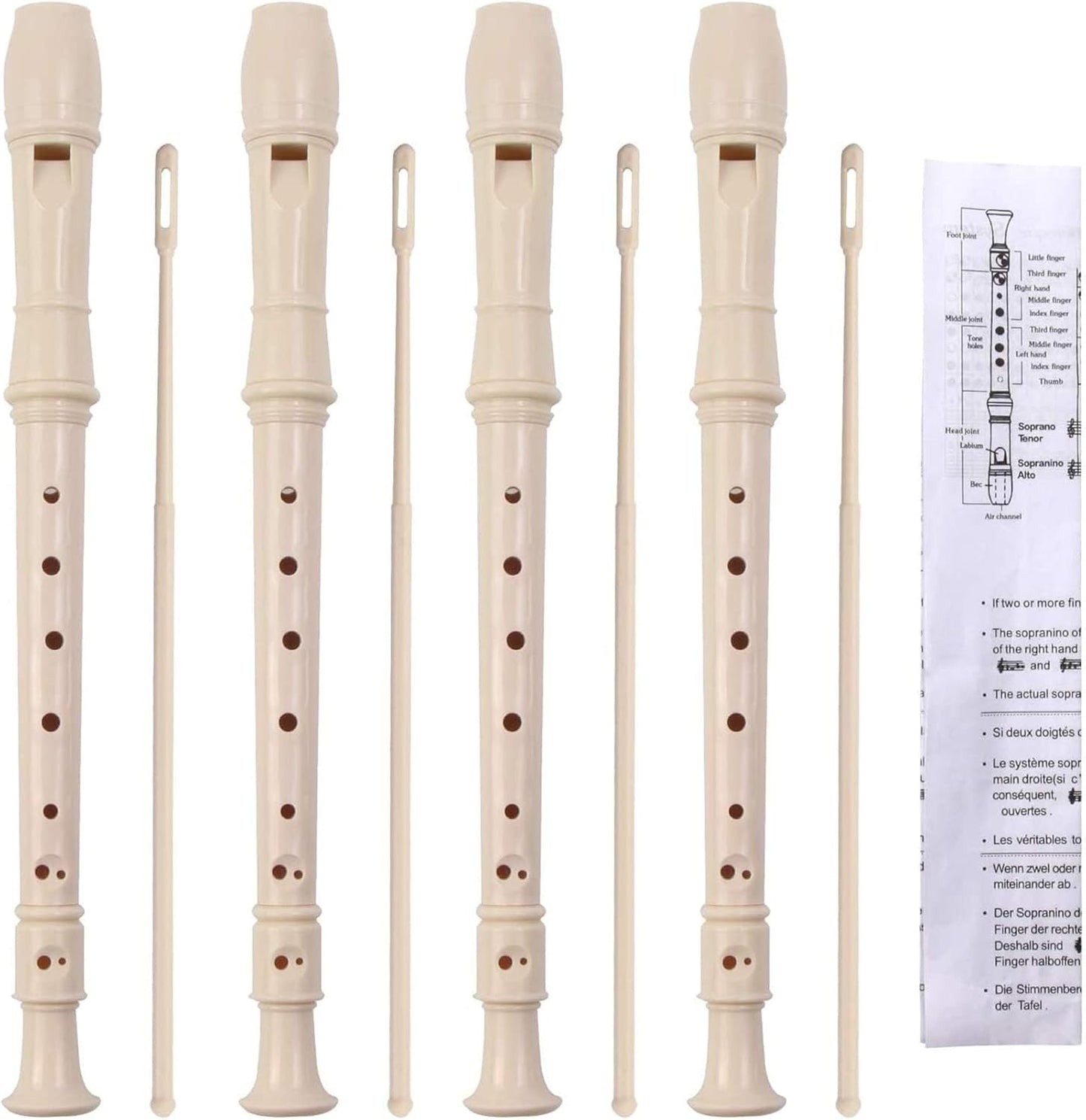 SANNIX 4 Pack Recorder Instrument, 8 Hole German Style Soprano Recorder for Beginner, Recorder With Cleaning Rod, School Student Music Instrument (Ivory)