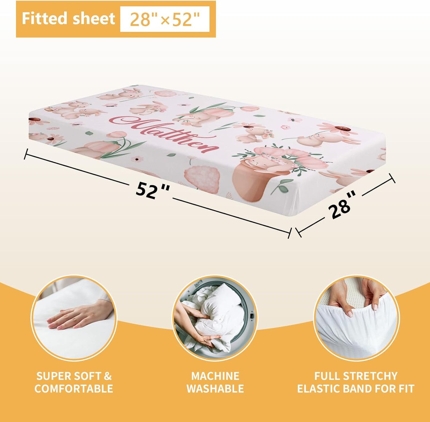 Custom Baby Crib Bedding Set - 5 Pcs Personalized Name Baby Crib Set with Double Layer Blanket - Soft Tulip Bunny Nursery Bedding Set for Girls Boys - Customized Gifts for Infants Toddlers