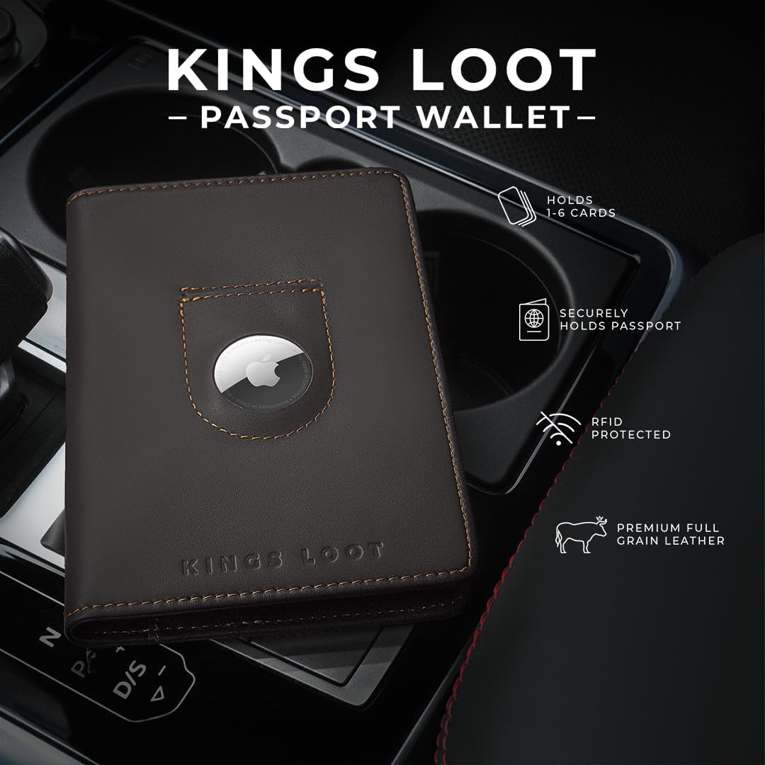Kings Loot Passport Holder Wallet | RFID Blocking Leather Travel Wallet with Built-in Airtag Holder | Holds 1-6 Cards & Passport | Easy Pull Tab | Travel Wallets (Truffle)