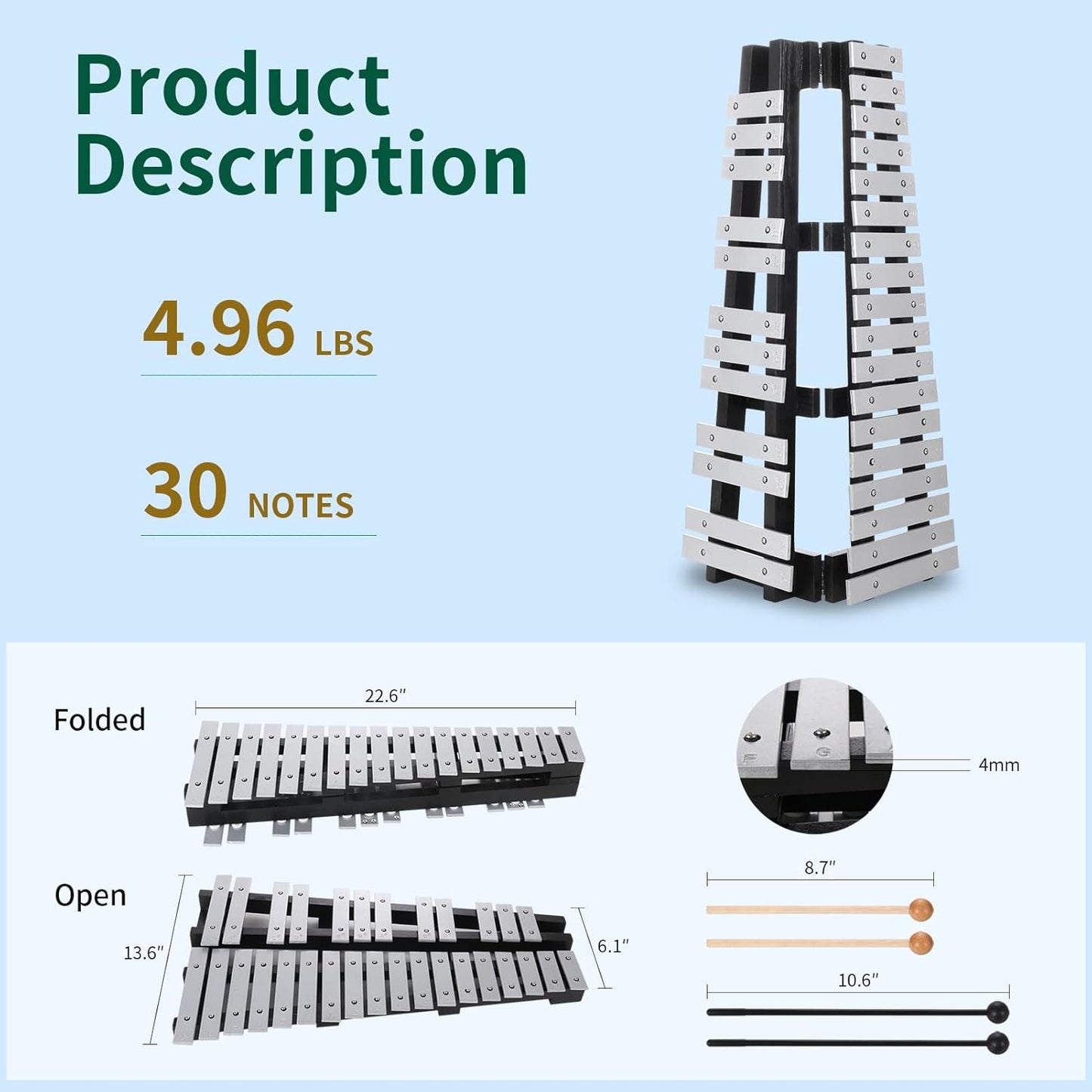 30 Notes Foldable Glockenspiel Xylophone, Percussion Instrument Kit for Adults and Kids- Includes 4 Mallets and Carrying Bag