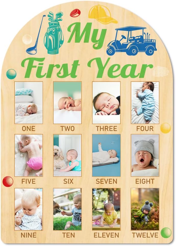 ORIGACH My First Year Baby Growth Photo Display Wood Board - 12 Months Newborn Milestones Photo Board - Neutral Baby Keepsake Frame 1st Birthday Party Nursery Decor New Mom Gift - Golf Element