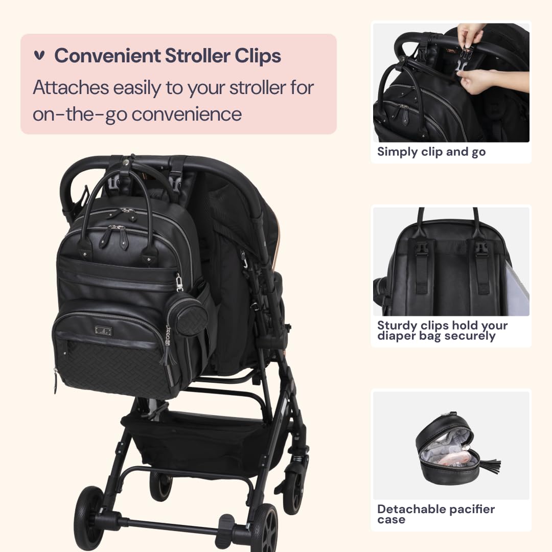 BabbleRoo Leather Diaper Bag Backpack - Baby Essentials Travel Baby Bag, Multi function, with Changing Pad, Stroller Straps & Pacifier Case – Unisex, Black