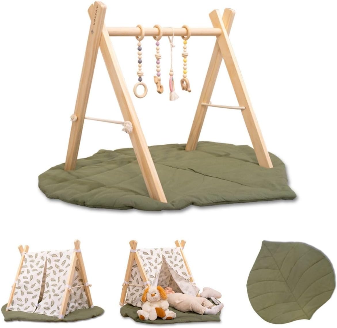 Wossen® Wooden Baby Play Gym Set and PlayTent Cover, Naturel Baby Gym, Reliable Toys, Ergonomic and Multipurpose Use, Mat and Play Tent Cover, Newborn Gift for Baby Girl and Boy