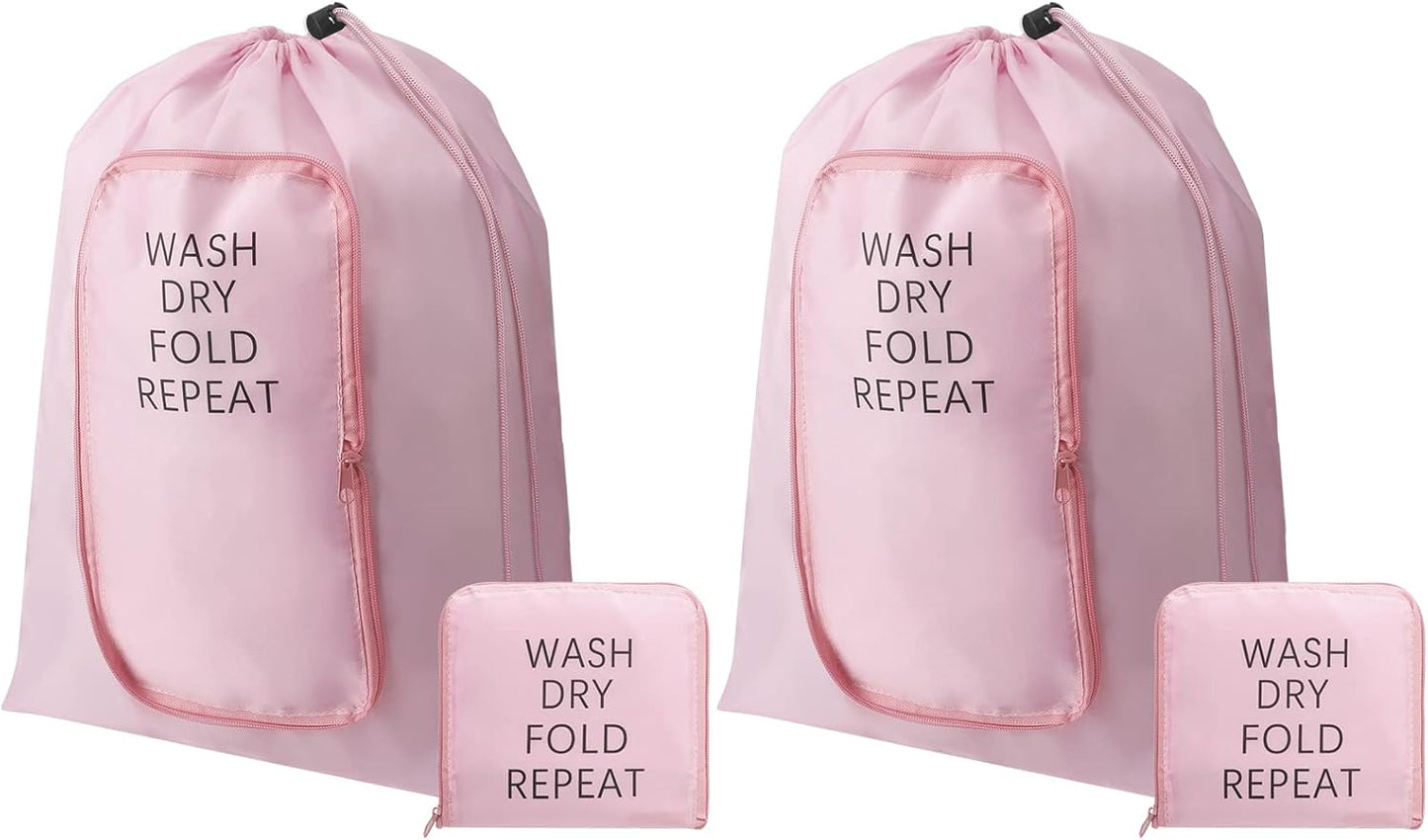 2 Pcs Travel Laundry Bag Washable Dirty Clothes Bag with Drawstring and Zipper for Suitcase, 22 x 18 Inch (Pink,Classic)