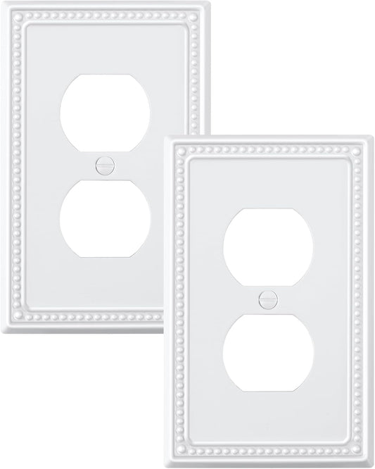 2-Pack Duplex Outlet Cover Plate, Pure White Metal Wall Plates for Electrical Outlets, 1 Gang Receptacle Light Switch Cover, Pearls Decorative Switch Plates and Outlet Covers