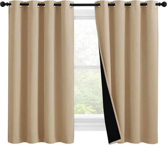 NICETOWN Cold Reducing Curtains, Bedroom Full Blackout Curtain Panels, Great Job for Blocking Light, Complete Blackout Draperies with Black Liner for Night Shift (Biscotti Beige, Set of 2, 55 by 57)