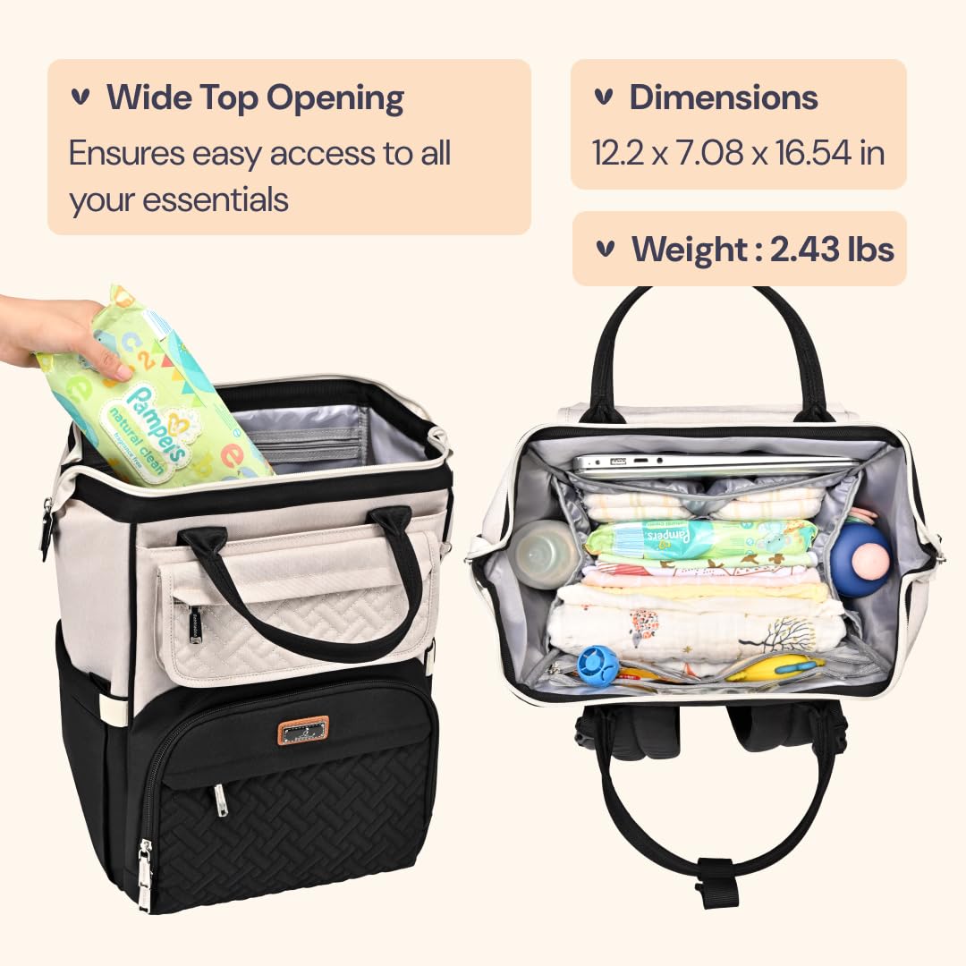 BabbleRoo Diaper Bag Backpack, Multifunction Nappy Changing Bag with Changing Pad, Stroller Straps & Pacifier Case, Unisex Stylish Travel Back Pack for Moms & Dads – Apricot & Black