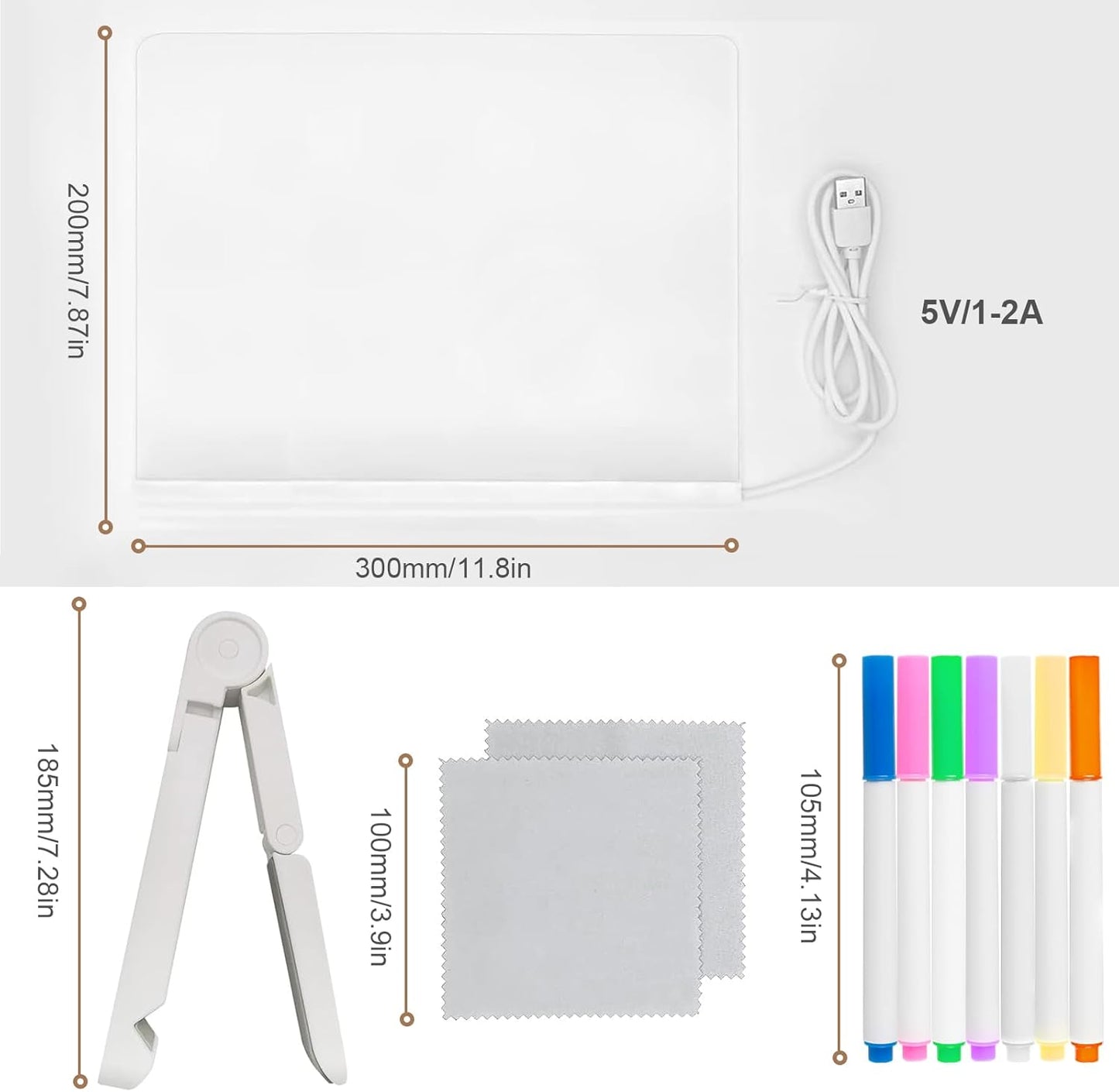 LED Note Board with Color, 11.8 X 7.9 in LED Drawing Board, Glowing Acrylic Dry Erase Board, Light Up Acrylic Message Board Notepad with Adjustable Stand and 7 Color Pens
