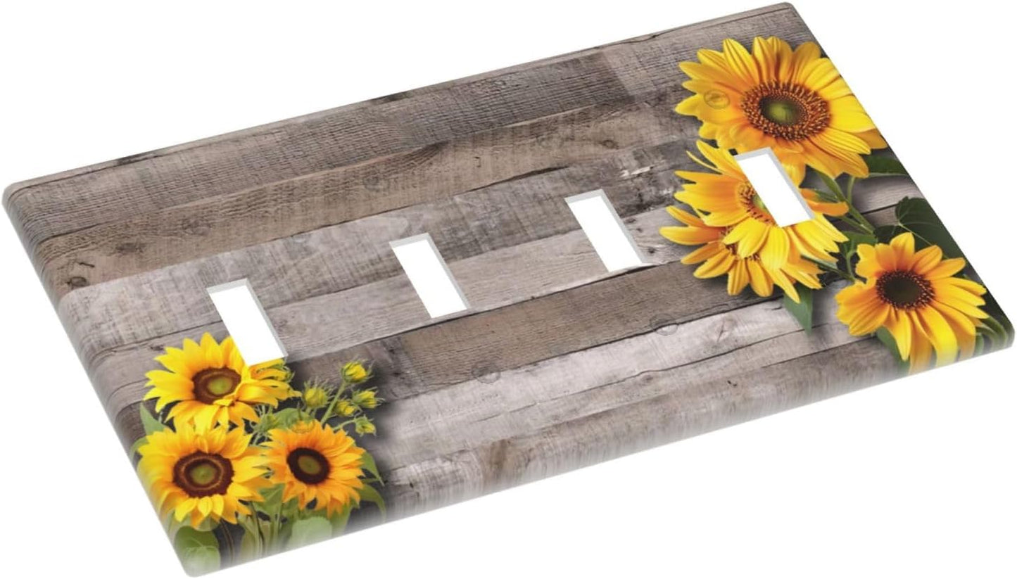 Sunflower Rustic Brown Gray Wood Light Switch Covers Quad Toggle Electrical Faceplate 4 Gang Wall Plate Decorative Switch Plates for Farmhouse Home Decor