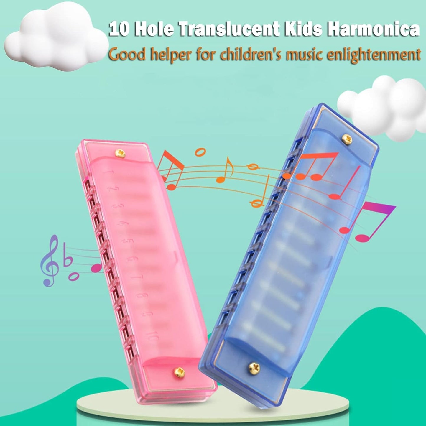 Harmonica for Kids 10 Hole Translucent Harmonica, 5 Pack Educational Toys Beginner's Musical Instruments for Children's Party Holidays (Blue, Red, Green, Orange, Pink)