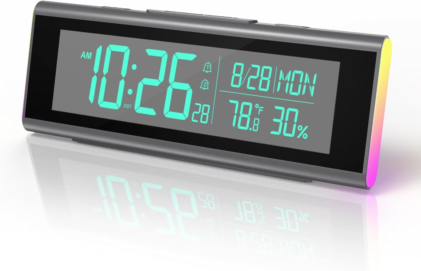 Digital Alarm Clocks for Bedrooms, LED Desk Clock with RGB Night Light, Brightness Dimmer, Date, Week, Temperature Large Display, Modern Decor for Desk, Office, Gift for Kids, Teen, Adults (Black)