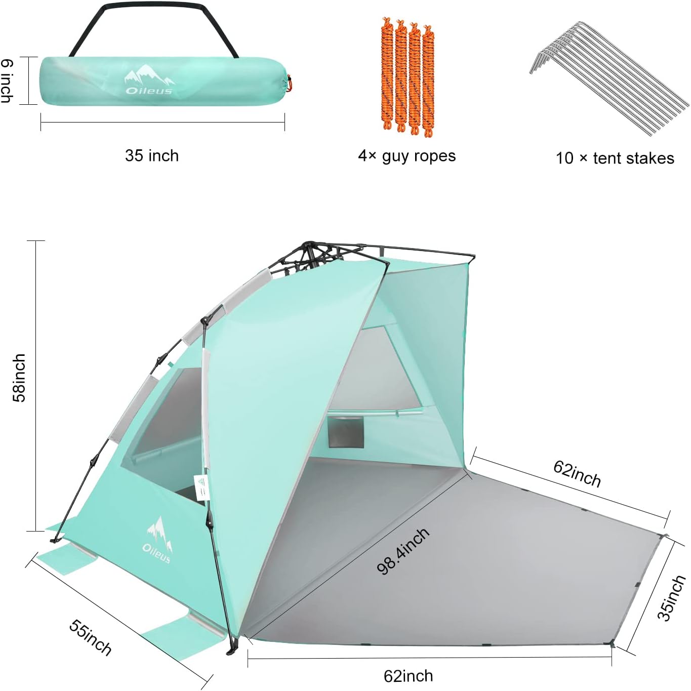 Oileus XX-Large Pop Up Beach Tent Sun Shelter for 5-6 Person Portable Sun Shade Instant Tent for Beach with Carrying Bag, Stakes, 6 Sand Pockets, Anti UV for Fishing Hiking Camping Light Green