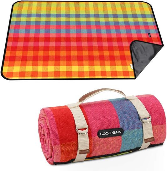 G GOOD GAIN Waterproof Picnic Blanket Portable with Carry Strap for Beach Mat or Family Outdoor Camping Party (red Plaid)