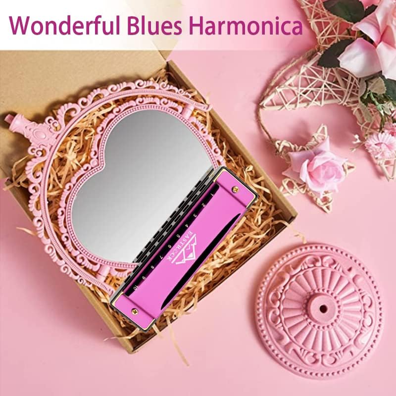 EastRock Blues Harmonica Mouth Organ 10 Hole C Key with Case, Diatonic Harmonica for Professional Player, Beginner, Students gifts, Adult, Friends, Gift(Pink）)