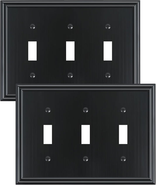 2-Pack Triple Toggle Light Switch Cover Plate, Durable Solid Zinc Alloy Decorative Switch Plate Covers, Black 3 Gang Wall Plate, Corrosion Resistant