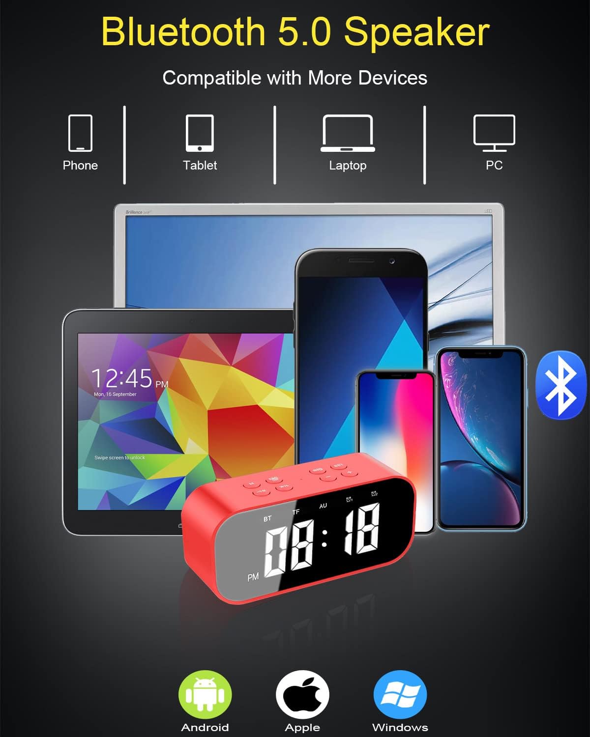 AFK Alarm Clock with Bluetooth Speaker,Digital Clock for Bedrooms,Alarm Clock for Heavy Sleepers Adults with Dual Alarm,Snooze,Dimmable LED Display.