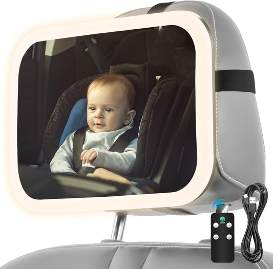 Baby Car Mirror with Light, 3000mAh Rechargeable, Shatterproof, Adjustable Rear-Facing Infant Mirror for Car Seats, Wide View, 360° Rotation, with Remote Control, Safe Travel for Newborns, Toddlers