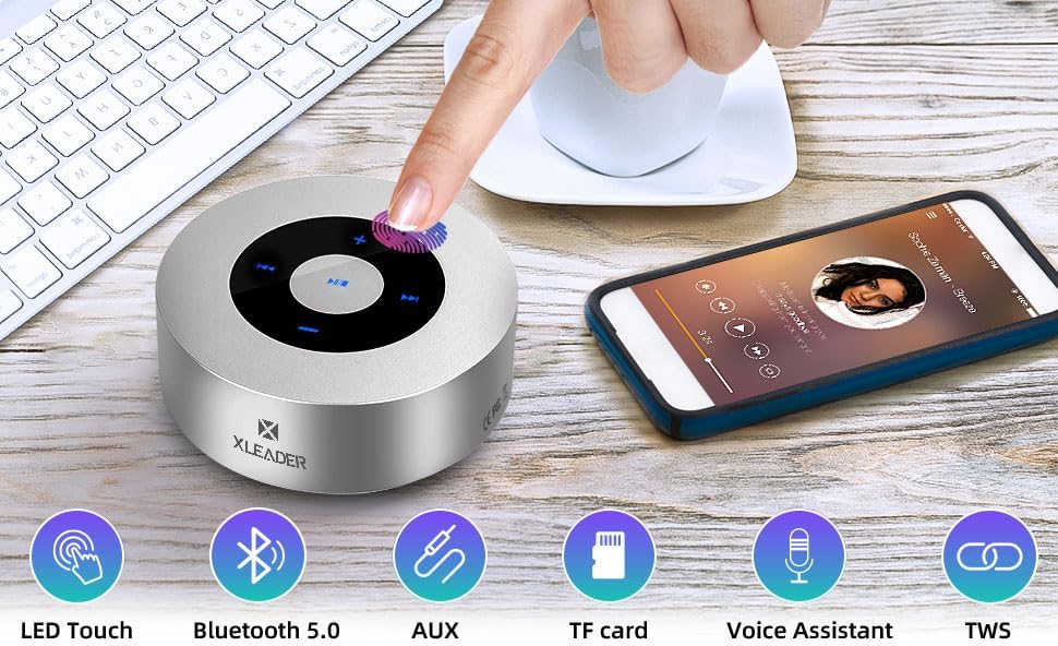 XLEADER Mini Bluetooth Speaker (Gift Box Packed) Portable Speakers Bluetooth Wireless with Micro SD Card Slot, Mic, Aux Input, Touch Screen, 12H Playtime, Small Speaker for Laptop Office Yoga,Silver