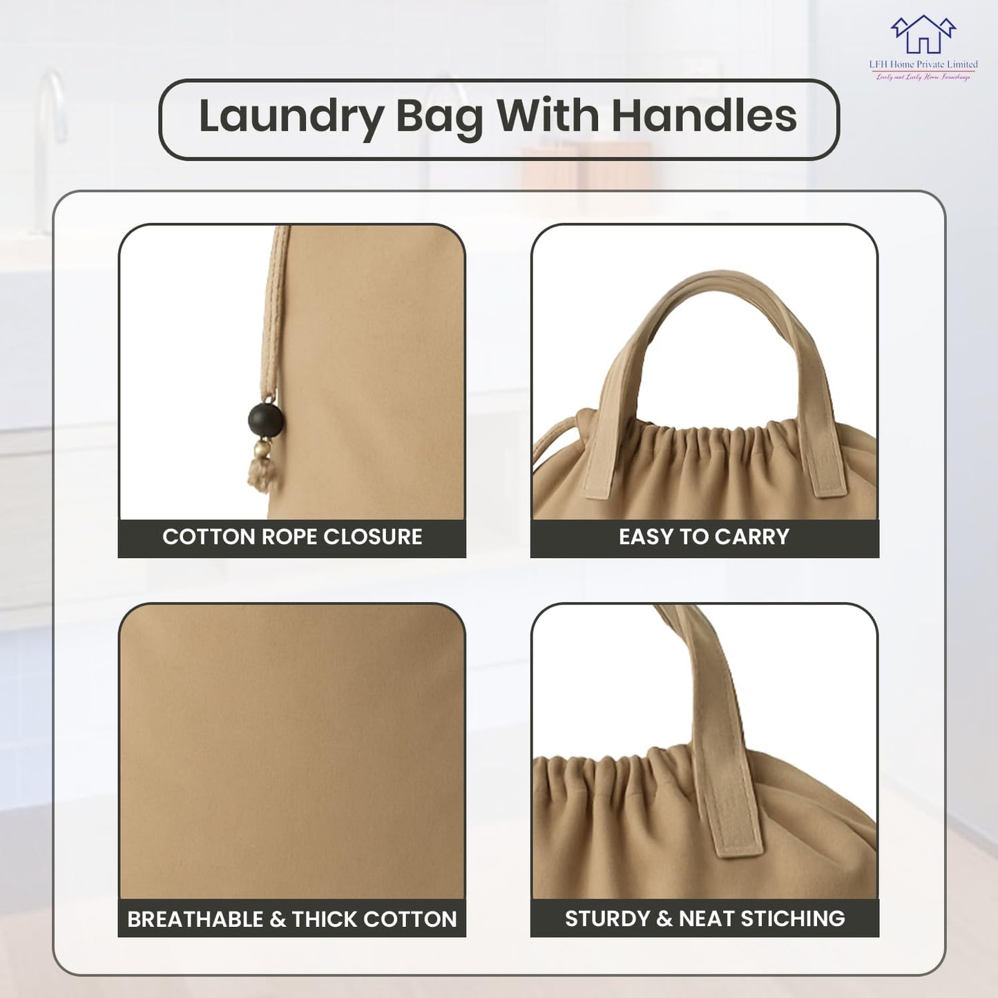 LFH Home Cotton Canvas Large Laundry Bag with Handle, Heavy Duty Drawstring Closure Washable Laundry Bags, School Travel, Home, Hotel, College Dorm, Organizer Sack, Toys Clothes 20x30-Beige