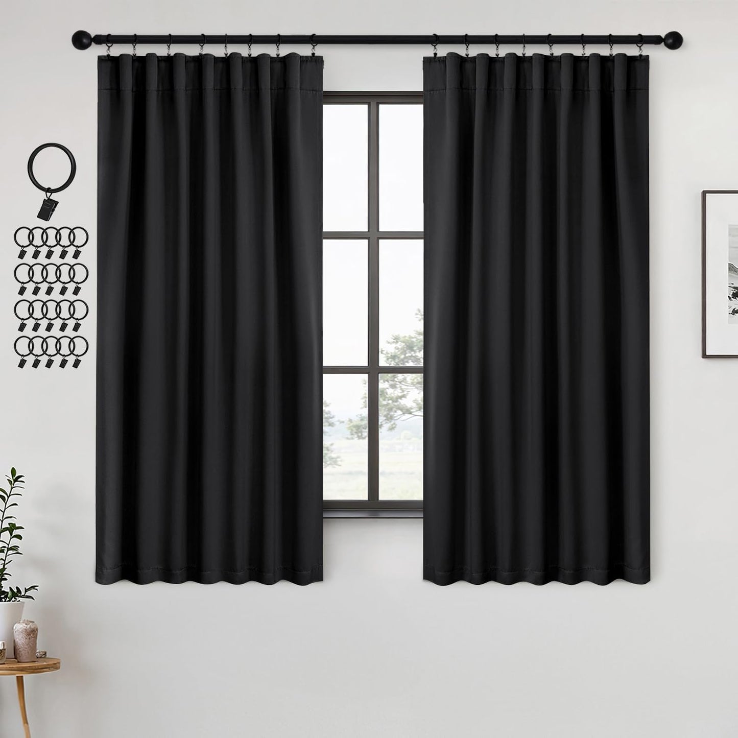 ANRODUO Back Tab Blackout Curtains for Bedroom Living Room, Rod Pocket Pinch Pleated Thermal Insulated Room Darkening Curtains 45 Inches Long 2 Panels, Black, 42 x 45 Inch