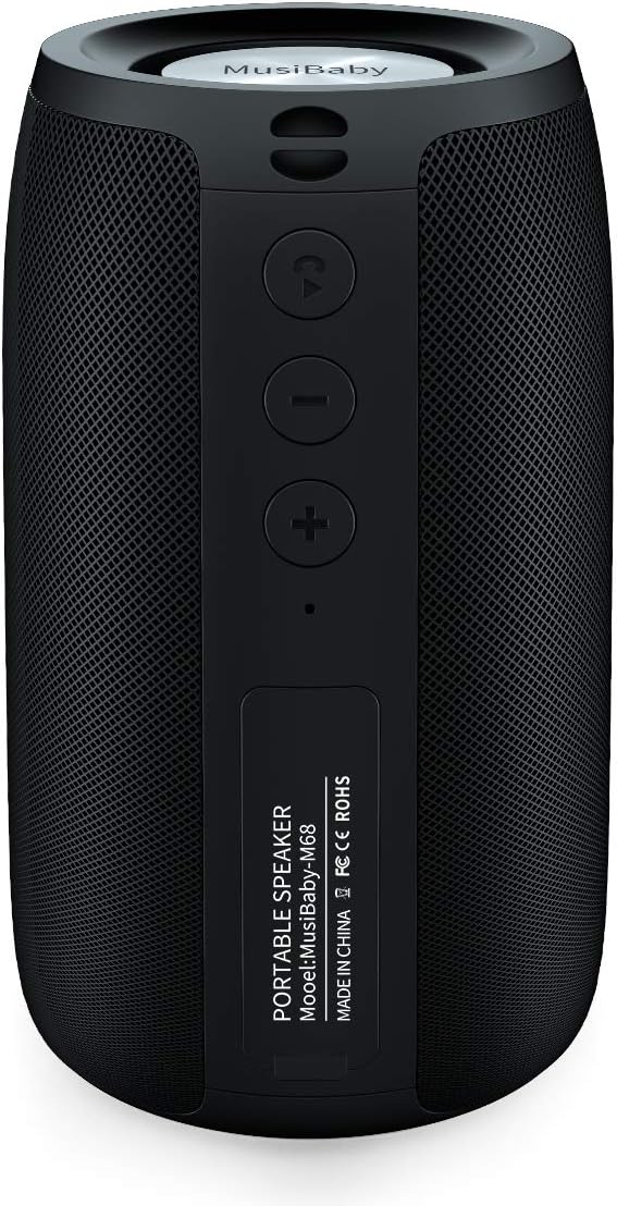 Bluetooth Speaker,MusiBaby M68 Small Portable Speaker:Speaker with BT5.3,Waterproof,Wireless,Bass,HD Sound,24H Playtime for Outdoor，Beach,Party,Stocking Stuffers,White Elephant Gifts(Blk)
