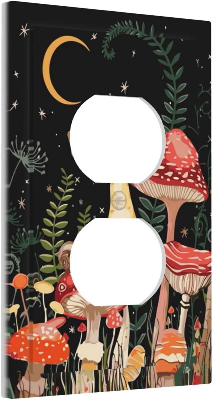 Moon Star Red Mushroom Forest Butterfly Green Plant Outlet Covers 1 Gang Duplex Light Switch Cover Decorative Switch Plates Electrical Receptacle Faceplate Wall Plate for Kids Room Home Decor