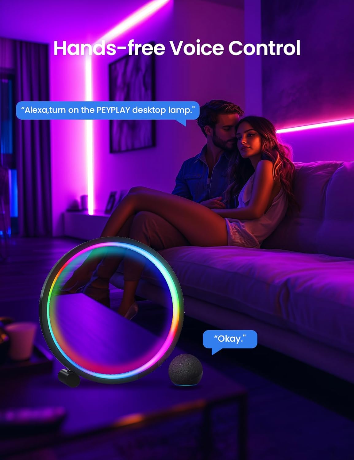 Smart LED Table Lamp, RGB+IC Lighting, Color Changing Night Light, Music Sync, DIY Mode, Stepless Dimming, App & Voice Control (2.4GHz WiFi), Works with Alexa & Google, for Bedroom & Gaming
