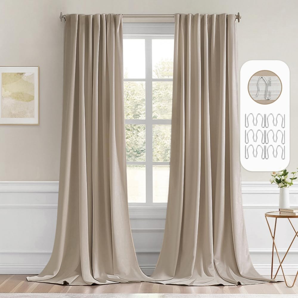 MIULEE Taupe Back Tab Blackout Curtain 96 Inch Long 2 Panels Set for Bedroom, Rod Pocket/Pinch Pleat Thermal Insulated Living Room Darkening Pleated Light Blocking Floor to Ceiling Drape