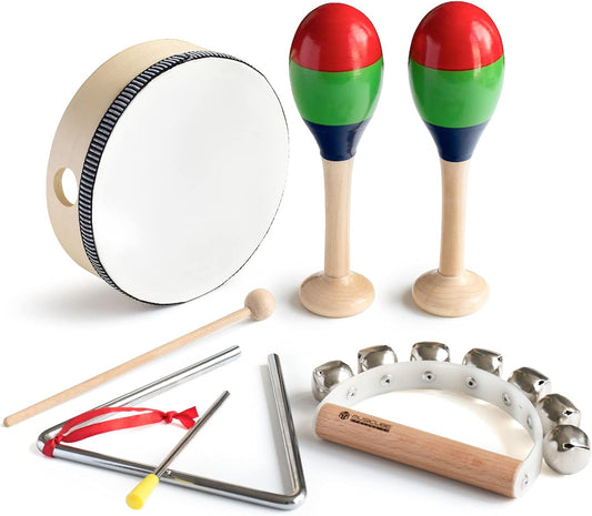 MUSICUBE 7 Pcs Musical Instrument Toys Set for Kids Wooden Percussion Instrument with Hand Drum, Maracas, Triangles, Hand Bell Educational Instrument for Toddler Birthday Gift for Boys Girls Aged 3+