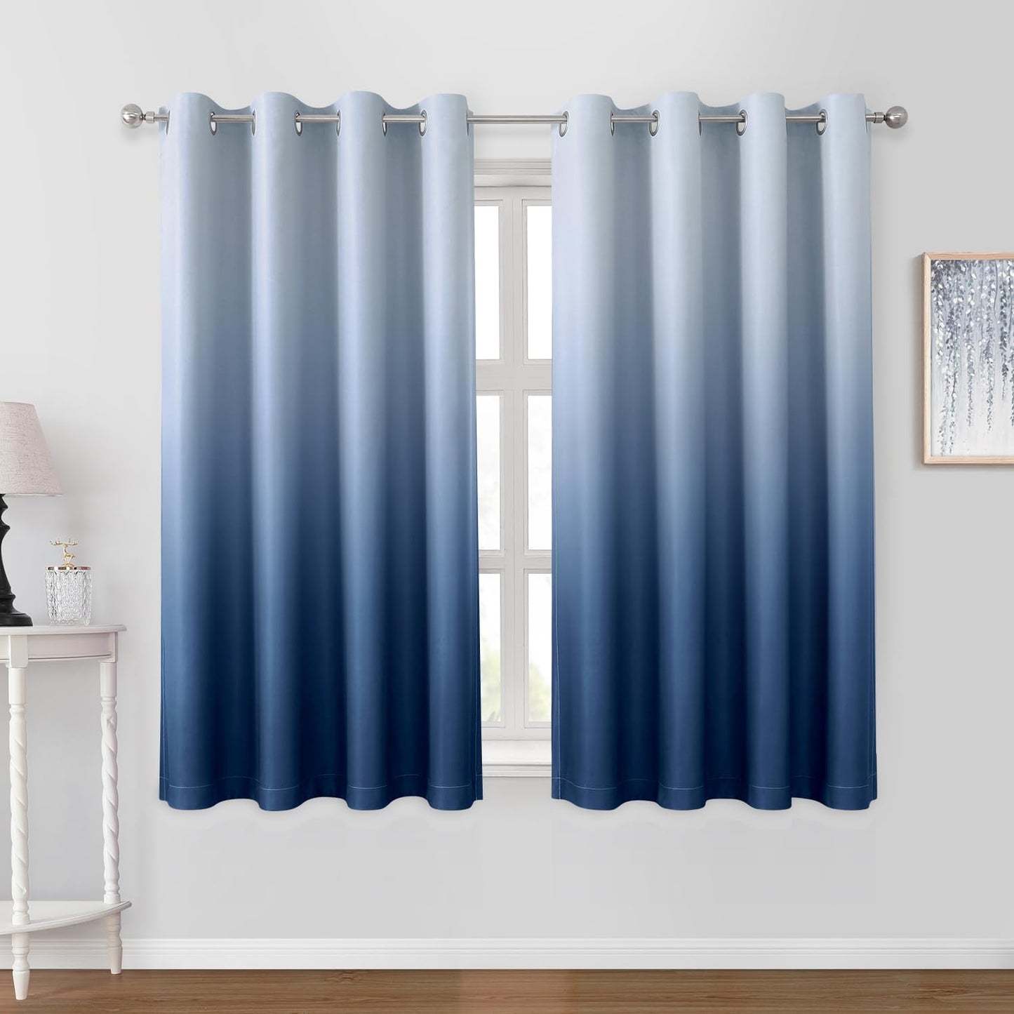 HOMEIDEAS Navy Blue Ombre Blackout Curtains 52 X 63 Inch Length Gradient Room Darkening Thermal Insulated Energy Saving Grommet 2 Panels Window Drapes for Living Room, Bedroom