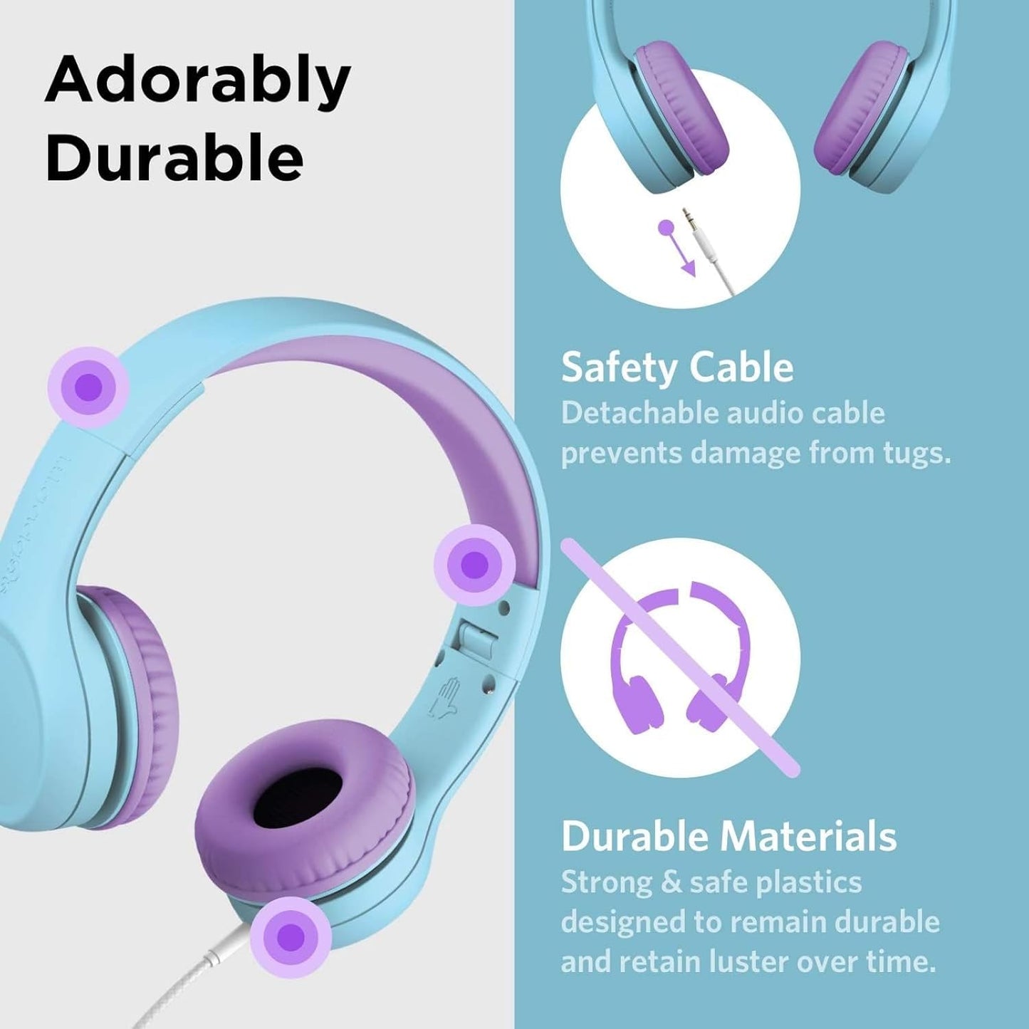 LilGadgets Connect+ Wired Kids Headphones for School with Mic, Volume Limited & Noise Reduction, On-Ear Headset with Cord, SharePort Technology for Multiple Kids & SoftTouch Padding, Blue/Purple