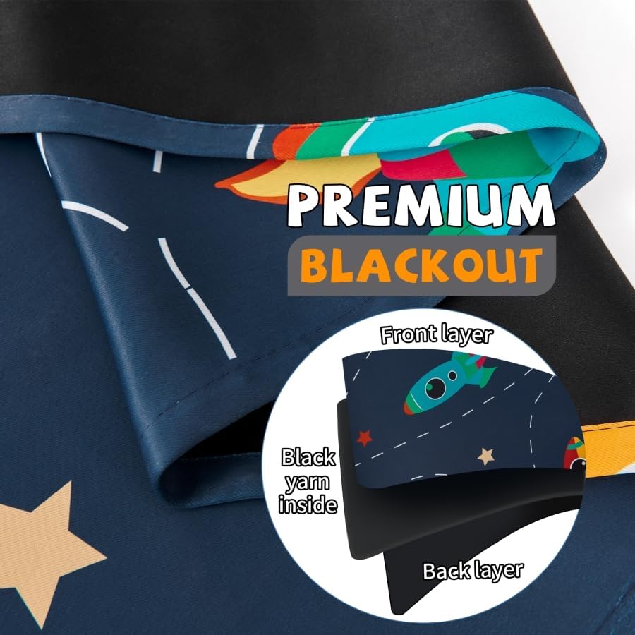 Kids Space Themed Blackout Curtains - 100% Blackout, Perfect for Bedroom and Nursery with Vibrant Cosmos Patterns, Noise Reduction, Thermal Insulated, 2 Panels (Space, W42×L96)